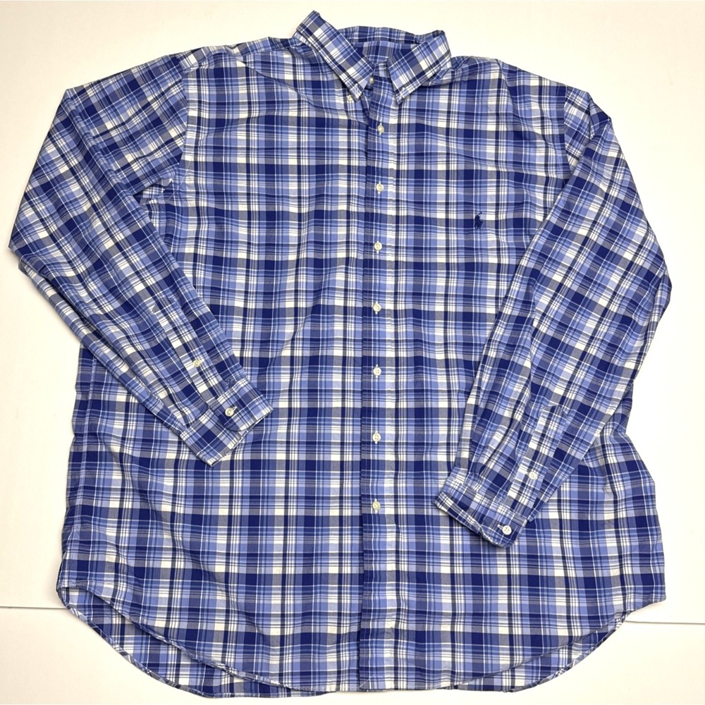 Ralph Lauren Mens 2XLT Blue Plaid Long Sleeve Button Down Shirt 100% Cotton